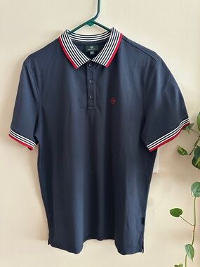 Ag Adriano Goldschmied Navy Polo with Striped Red-Trim Collar